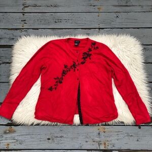 R.Q.T Embroidered Beaded Bright Red Buttoned Knit Cardigan Sweater size L